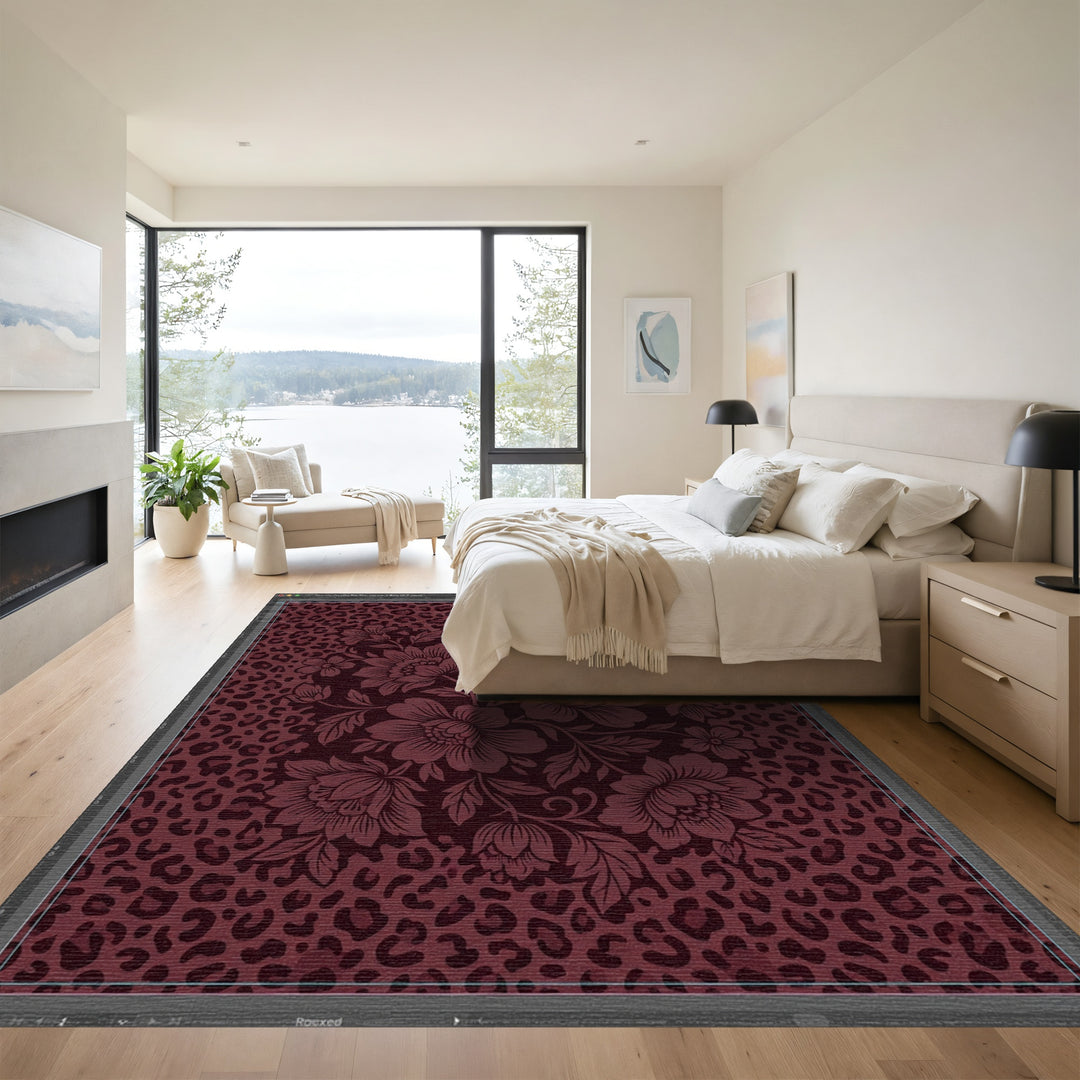Deep Burgundy Floral Leopard Rug