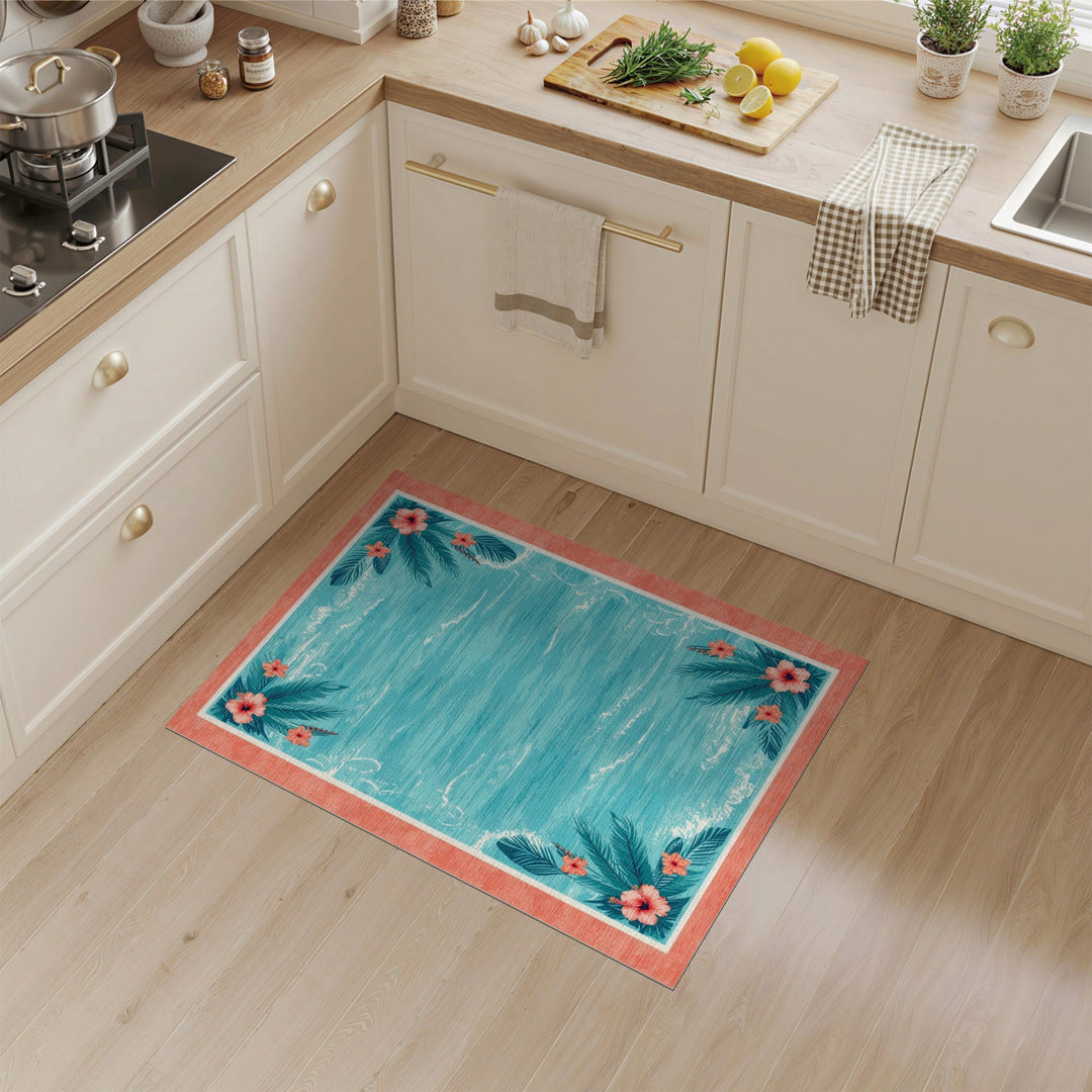 Blue Teal Coastal Wave Hibiscus Area Rug