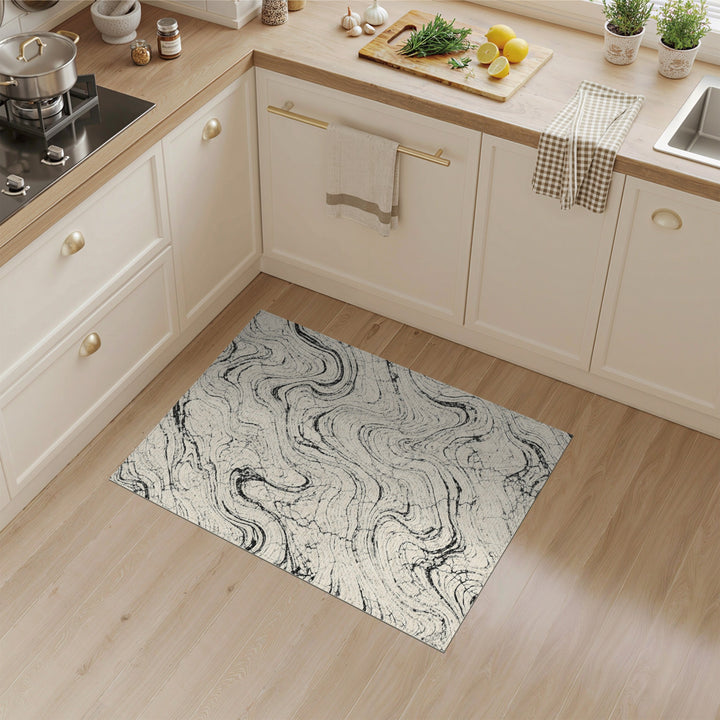 Black White Distressed Marble Swirl Area Rug