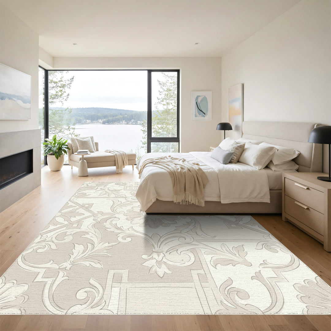 Elegant Beige Floral Scroll Medallion Rug