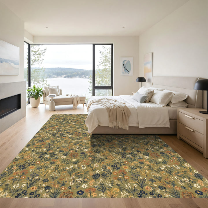 Earthy Green Wildflower Meadow Rug