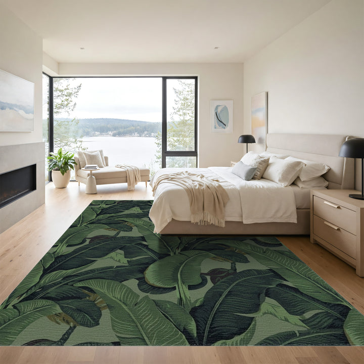 Deep Forest Green Tropical Banana Leaves Rug