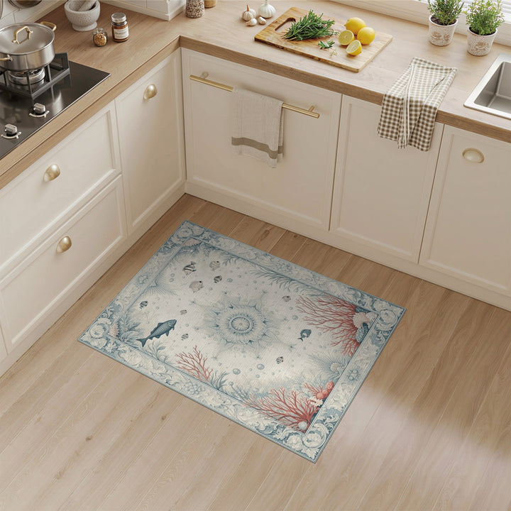 Blue and Teal Blue Teal Fish Coral Coastal Area Rug