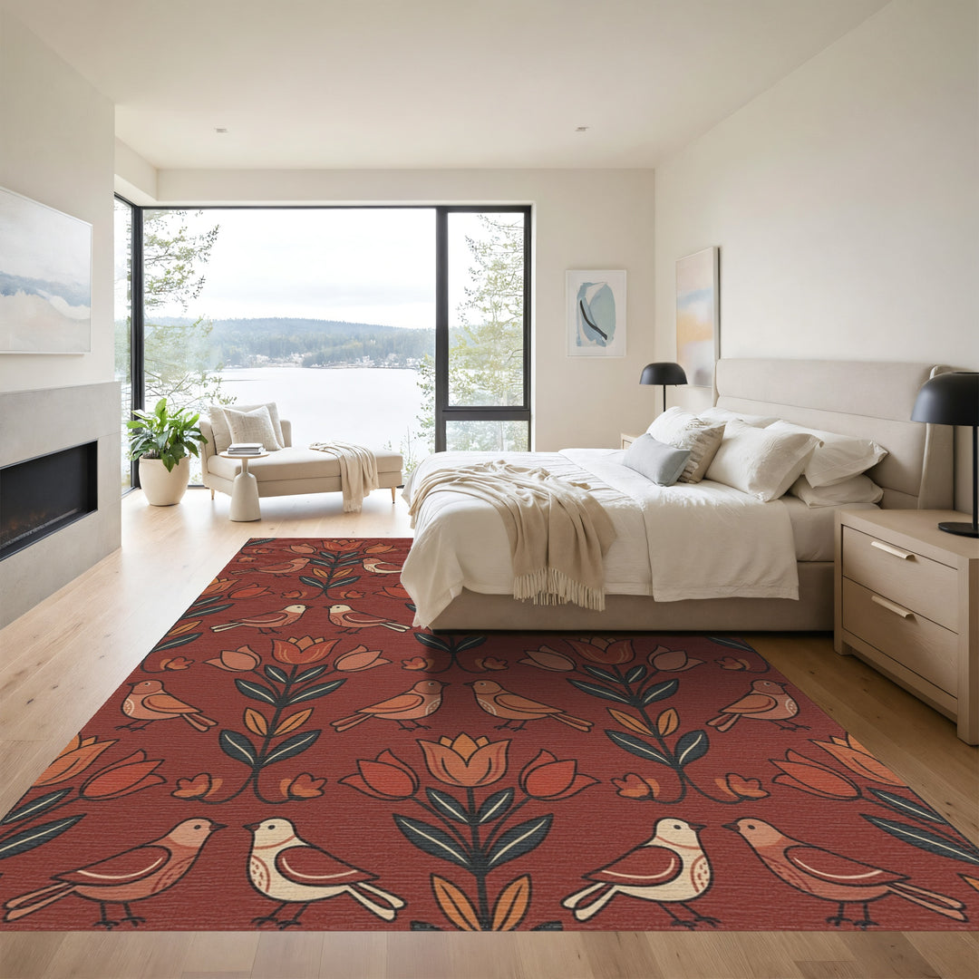 Terracotta Birds and Tulips Folk Art Rug