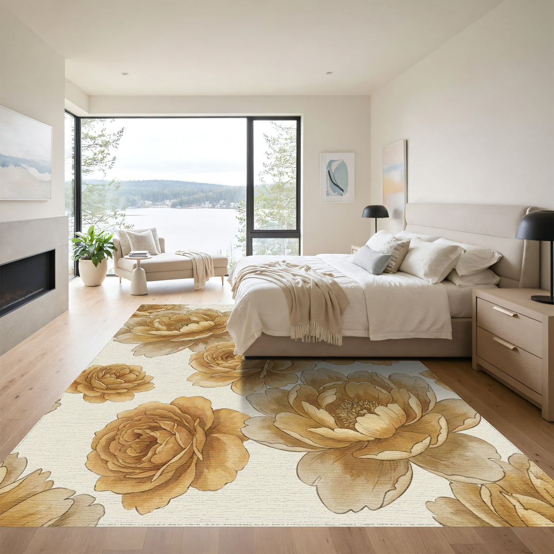 Golden Ochre Floral Garden Rug