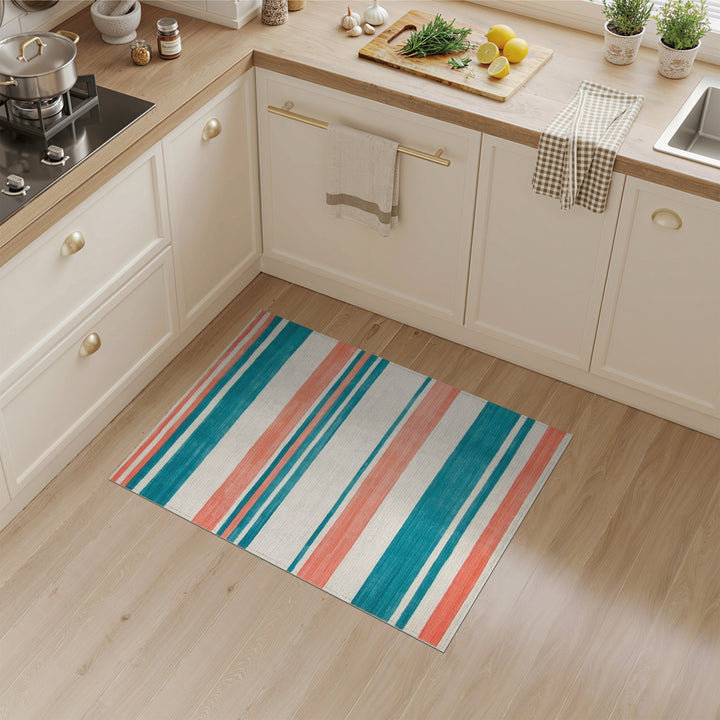 Teal Coral Striped Geometric Area Rug
