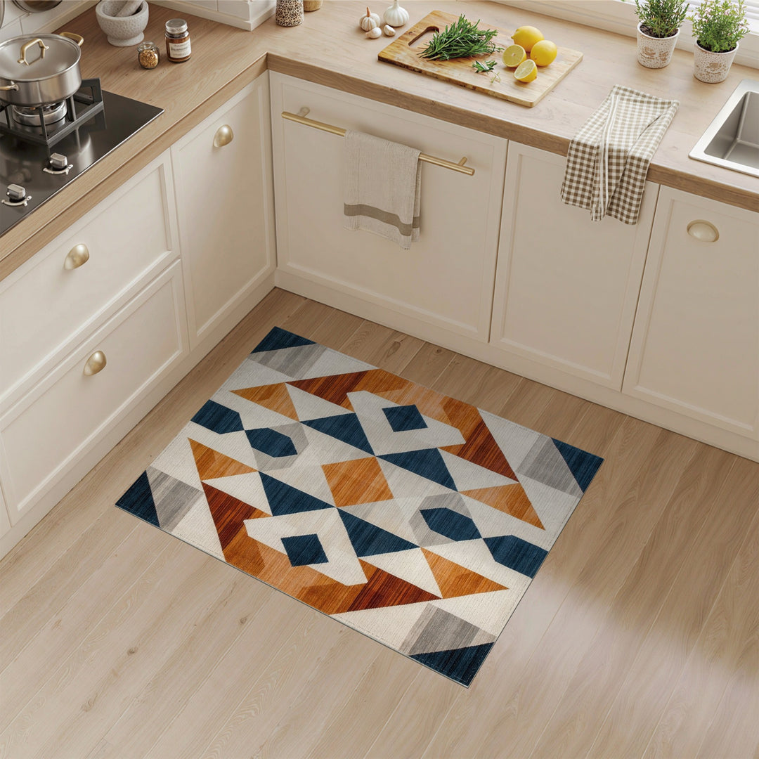Navy Geometric Diamond Area Rug with Orange Accents