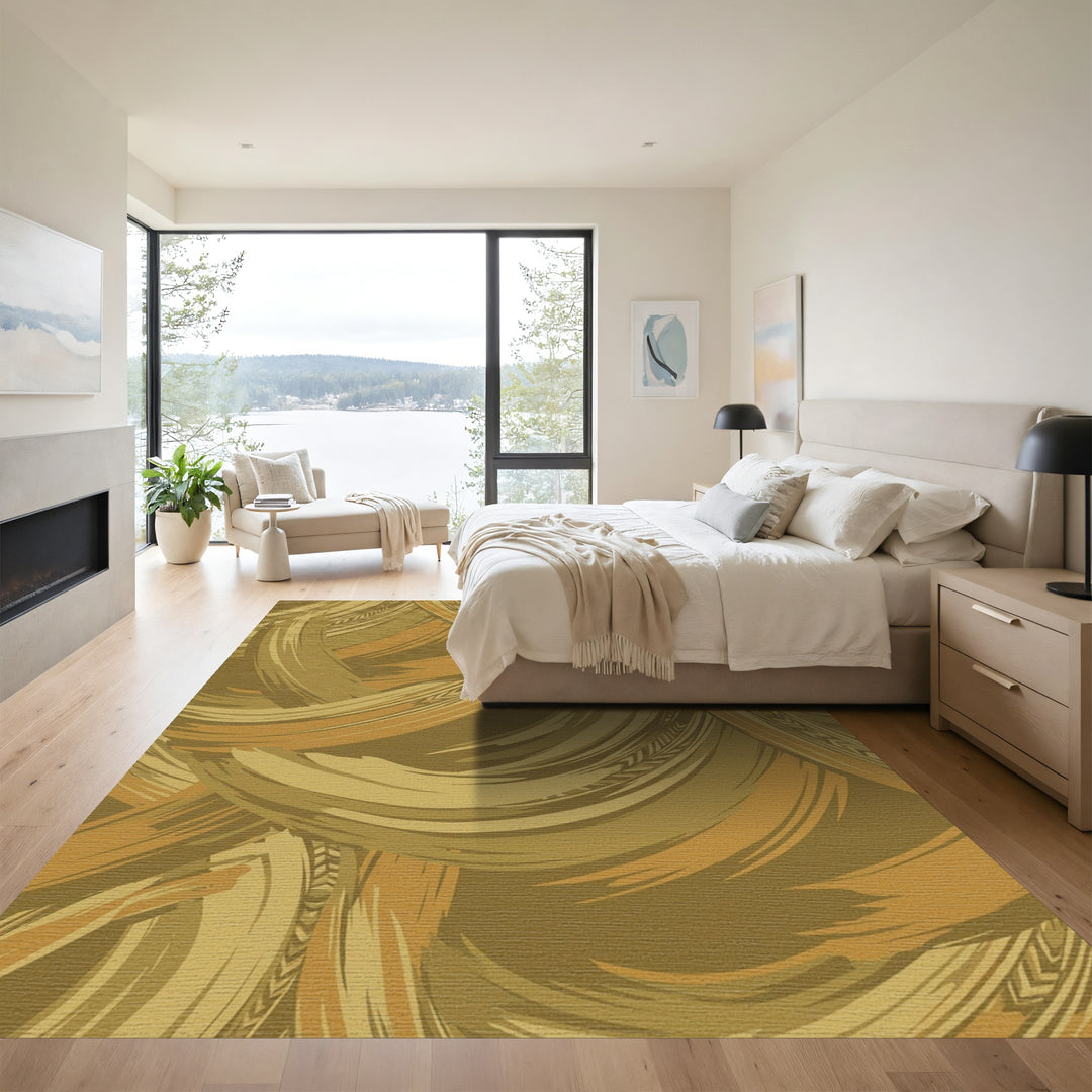 Earthy Gold Brushstroke Swirl Rug