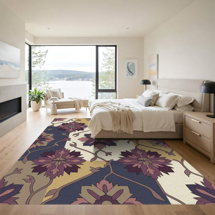 Plum And Gold Floral Tiles Rug