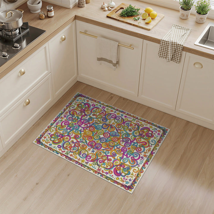 Vibrant Rainbow Swirl Stars Area Rug