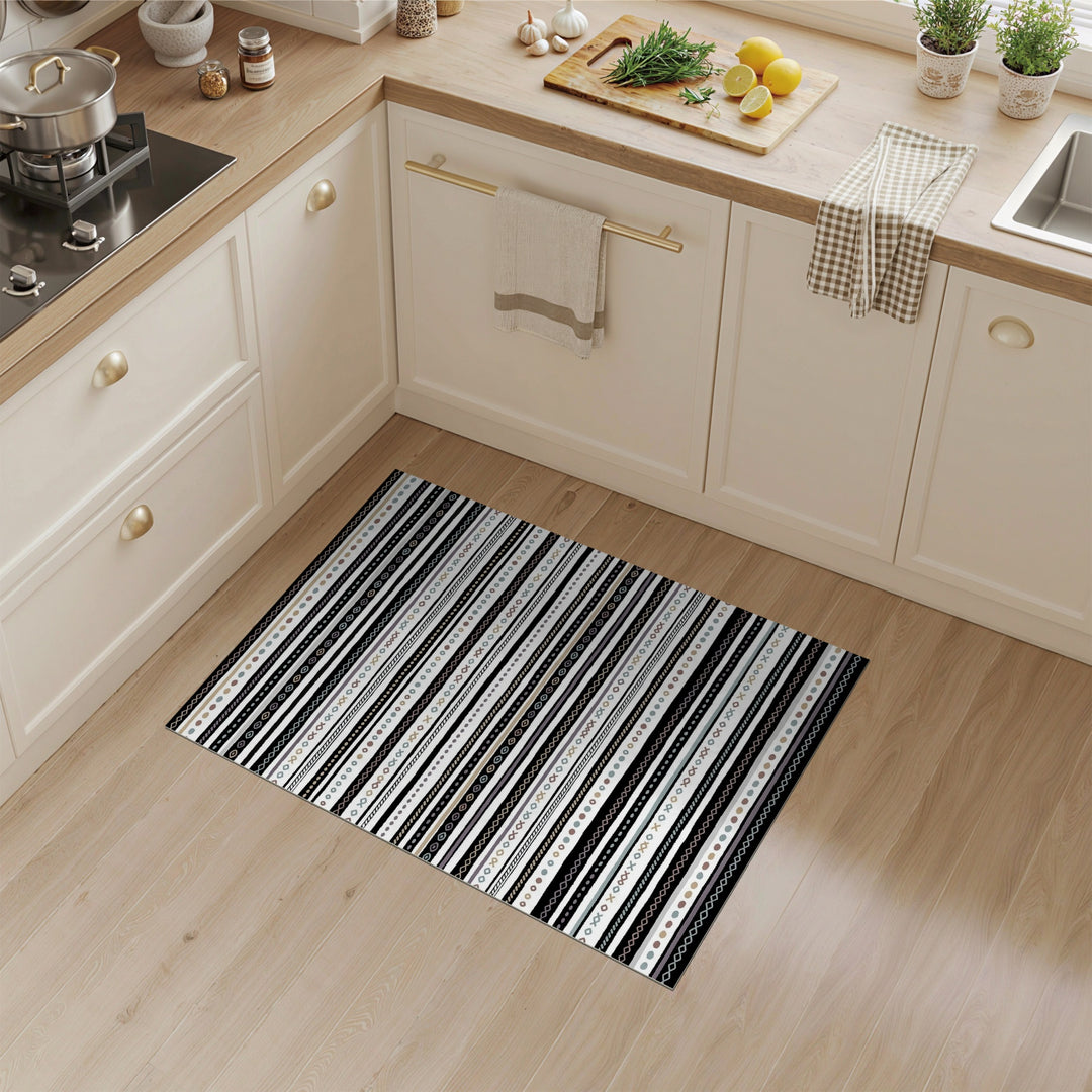 Black White Heritage Tribal Washable Area Rug