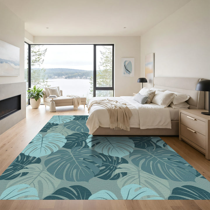 Monstera Leaf Tropical Teal Collage Rug