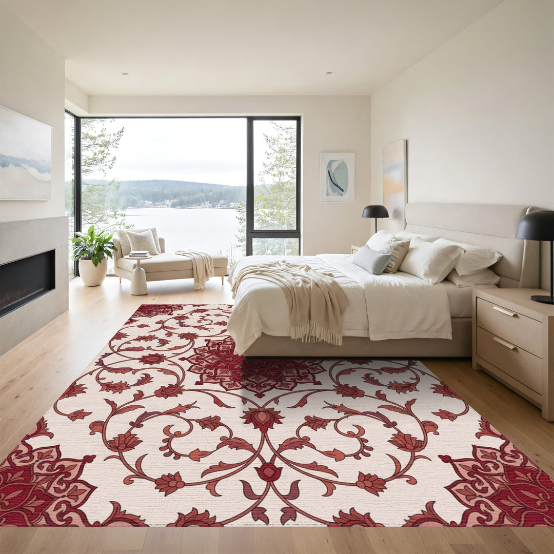 Deep Crimson Floral Mandala Medallion Rug