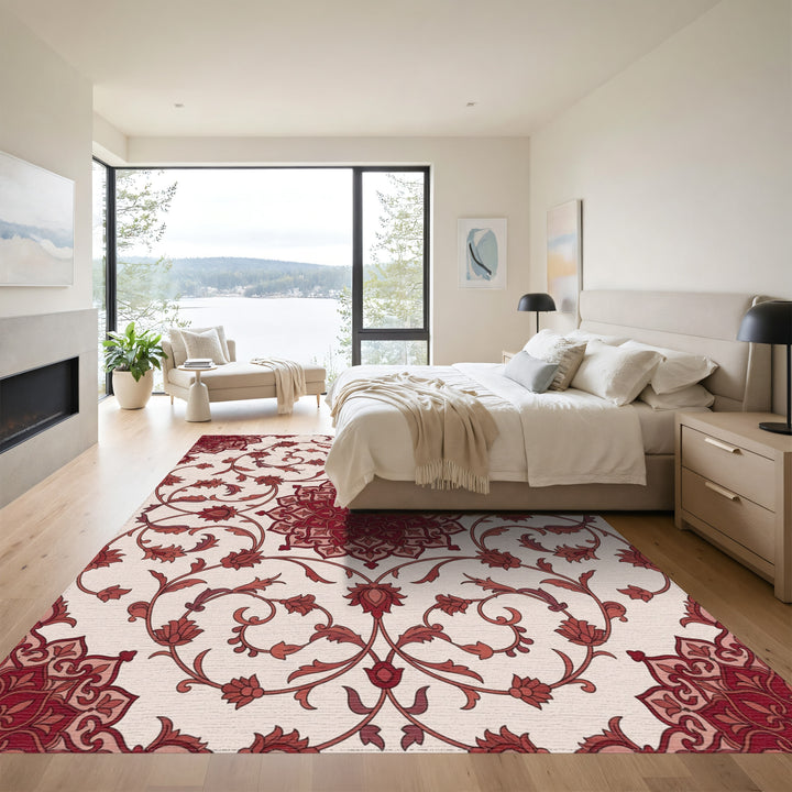 Deep Crimson Floral Mandala Medallion Rug