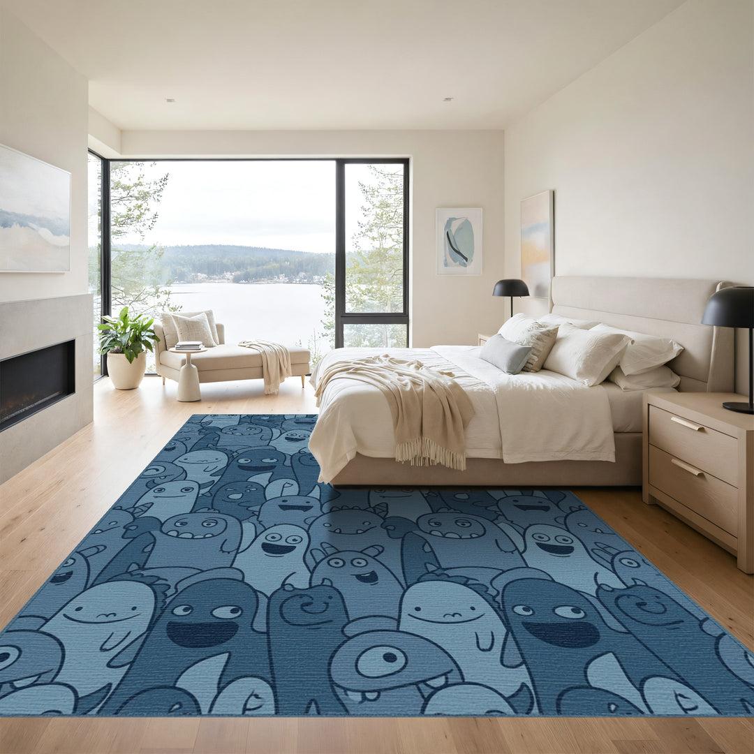 Whimsical Blue Monster Crowd Comical Art Rug