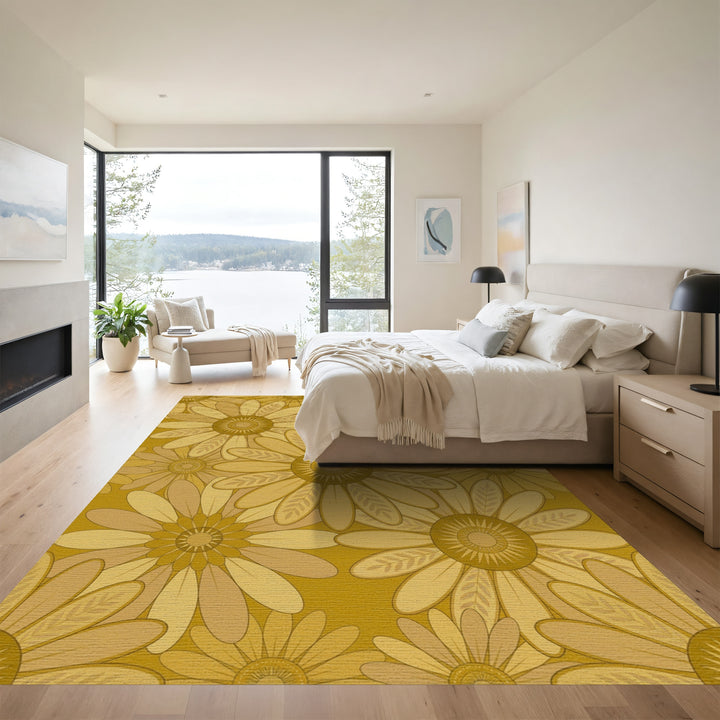Golden Daisy Meadow Floral Overlay Rug