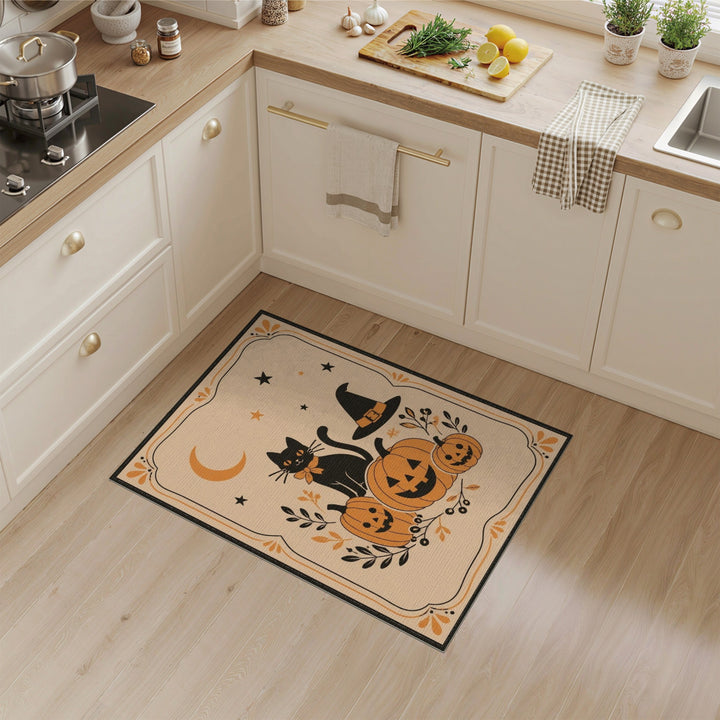 Beige and Neutral Halloween Black Cat Pumpkin Area Rug