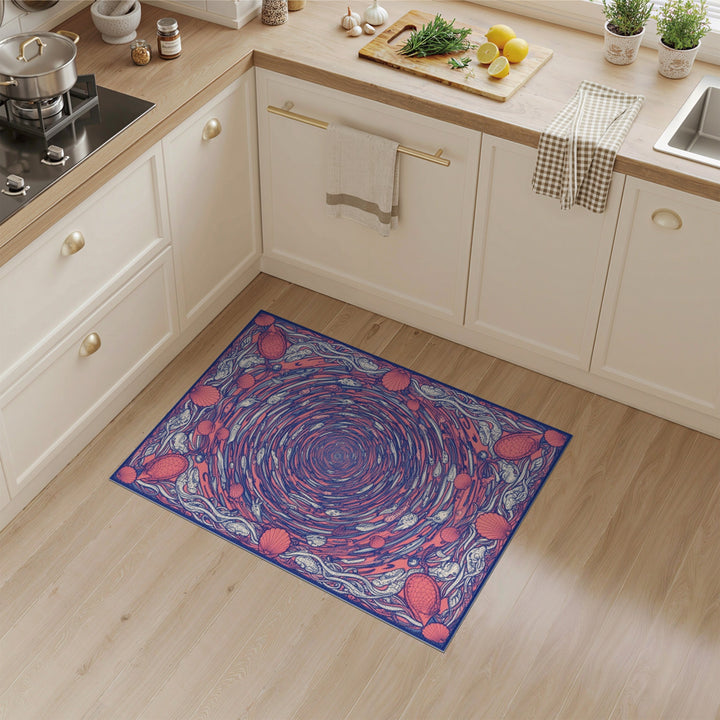 Red Swirling Fish Shells Washable Area Rug