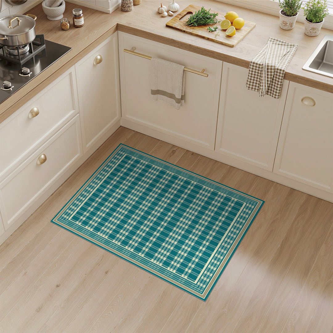 Geometric Modern Teal Plaid Washable Area Rug