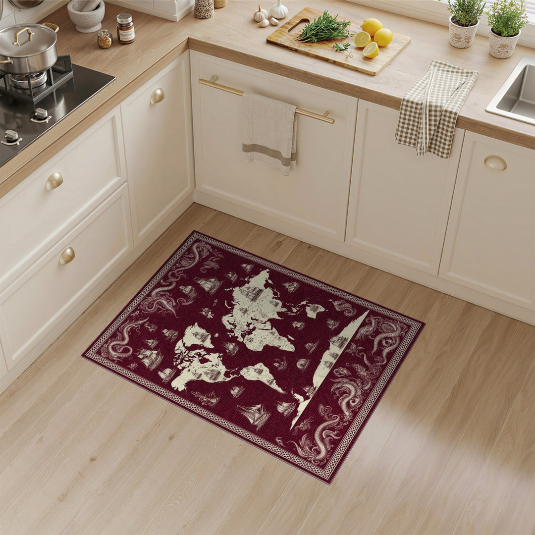 Red Vintage World Map Ships Area Rug