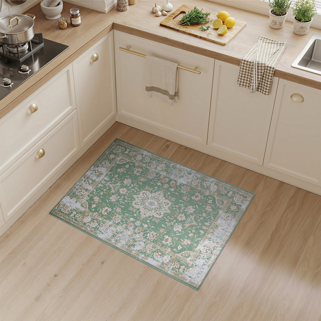 Green Distressed Green Floral Vintage Area Rug