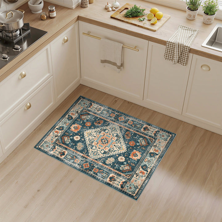 Distressed Vintage Blue Teal Floral Area Rug