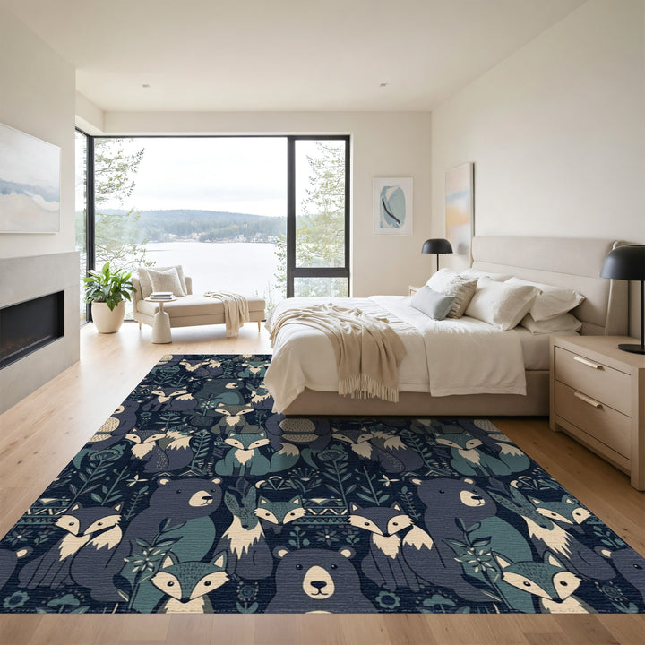 Forest Animals Blue Woodland Narrative Rug