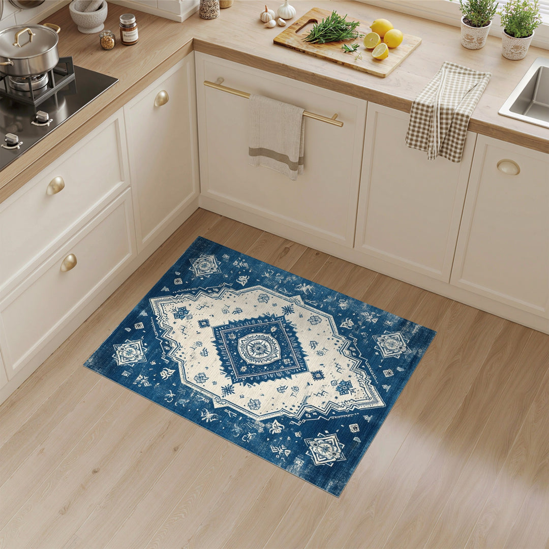 Blue and Teal Blue Distressed Vintage Area Rug