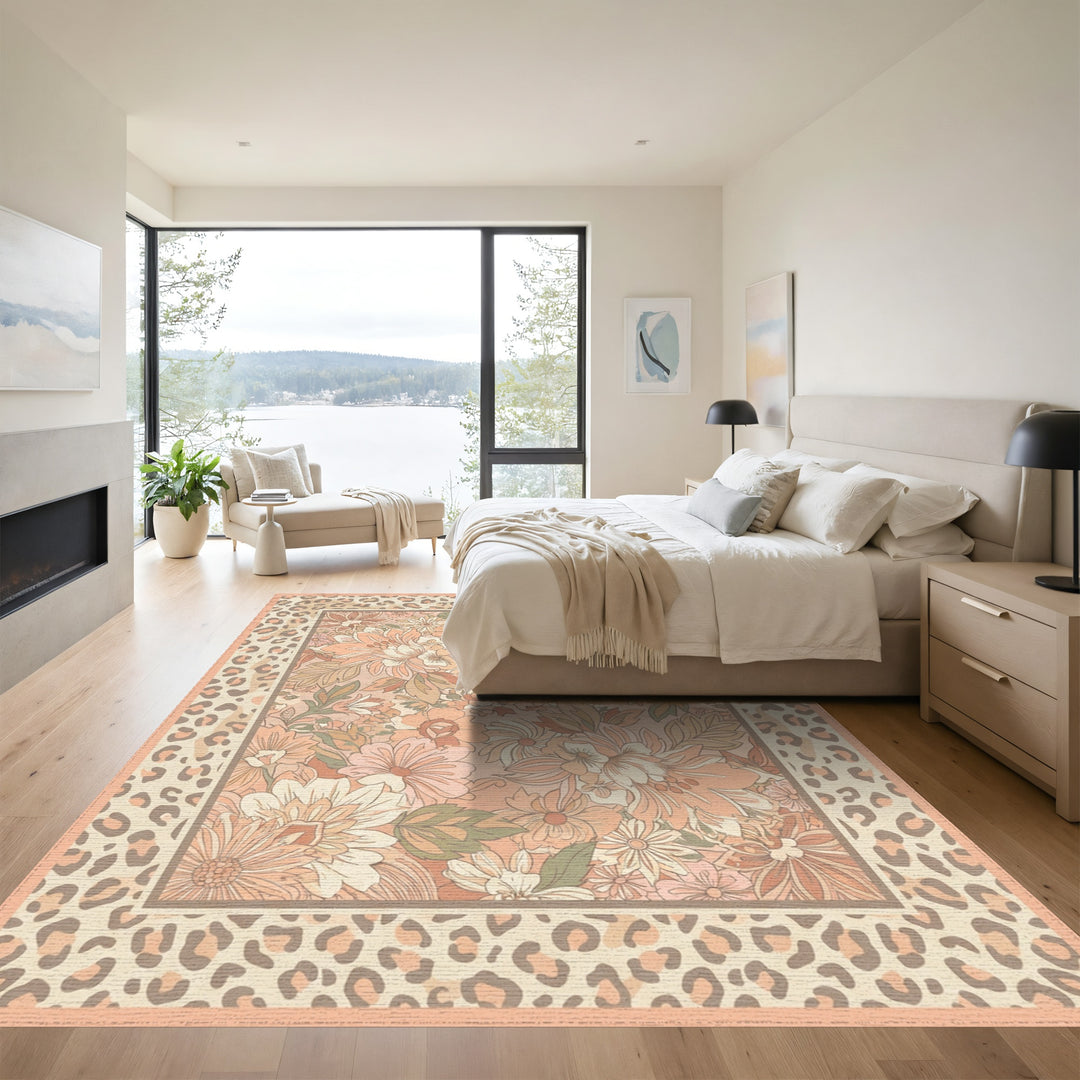 Peach and Tan Floral Leopard Border Rug