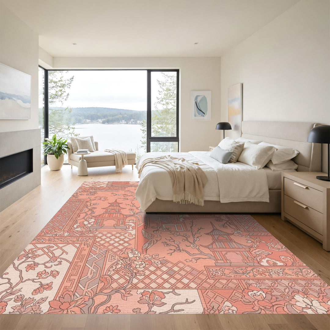 Coral Pagoda Crane Blossom Collage Rug