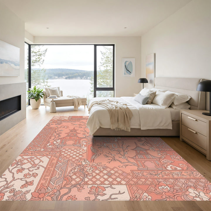 Coral Pagoda Crane Blossom Collage Rug