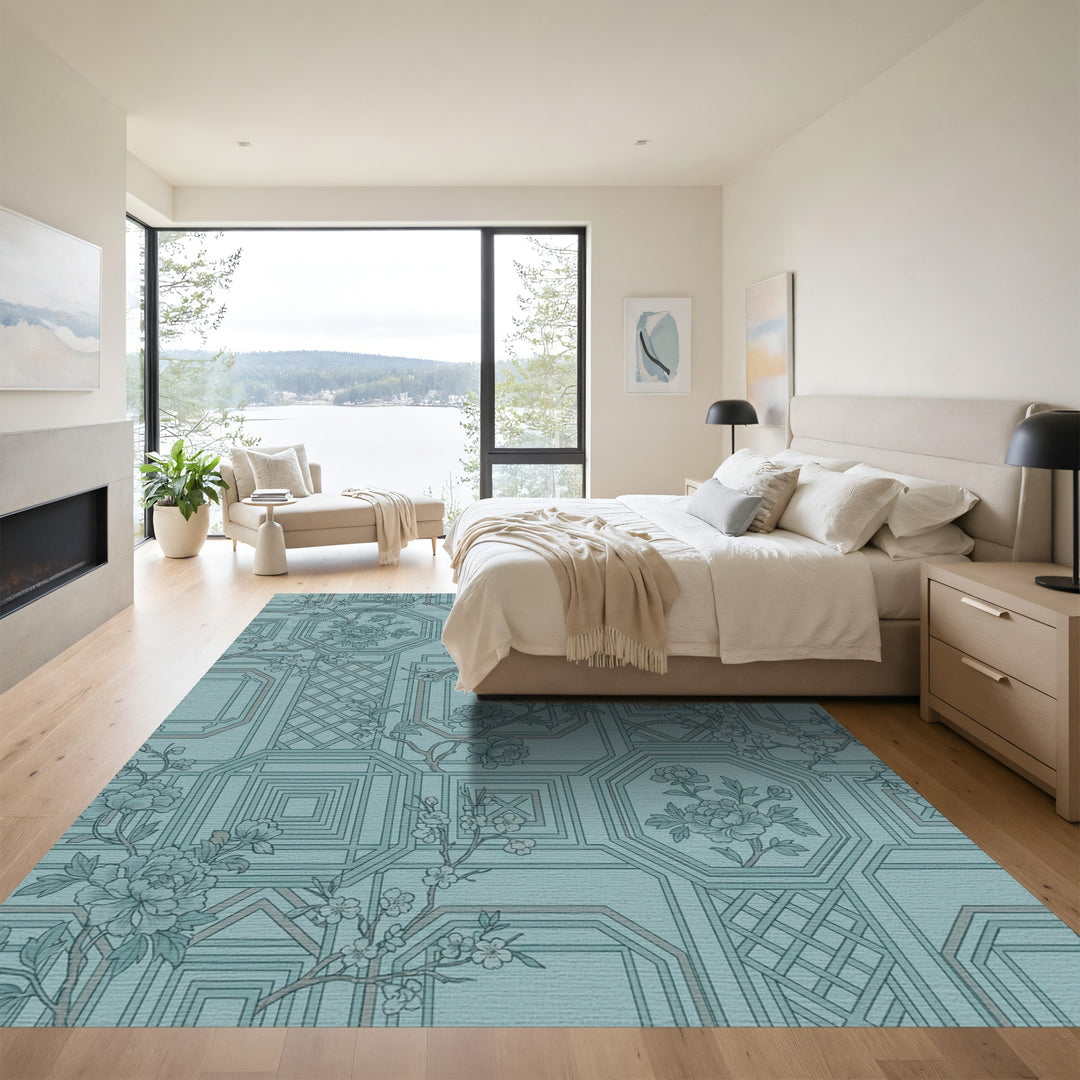 Teal Blossoms Geometric Lattice Rug