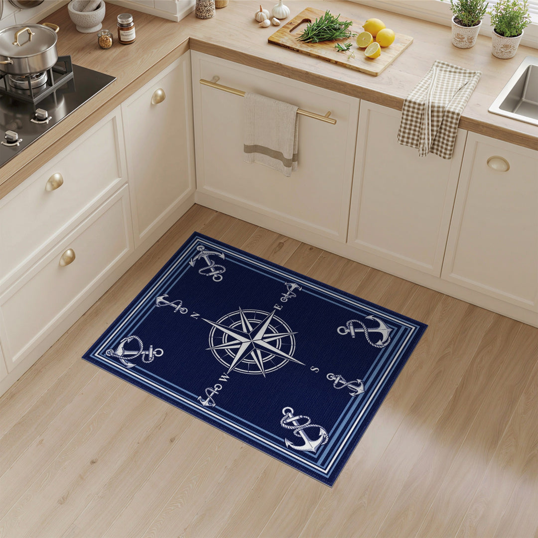 Navy Compass Anchor Coastal Area Rug