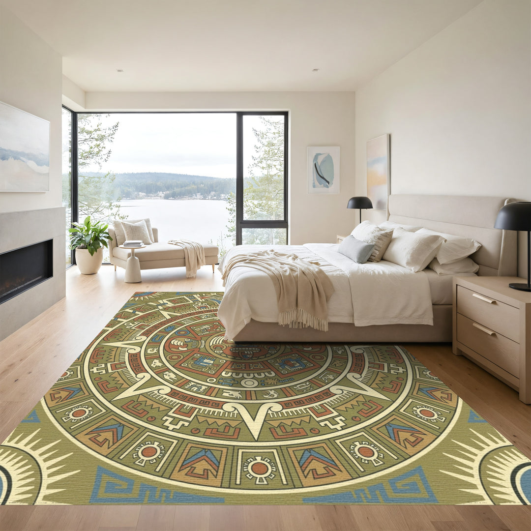Aztec Sun Stone Earth Tones Medallion Rug