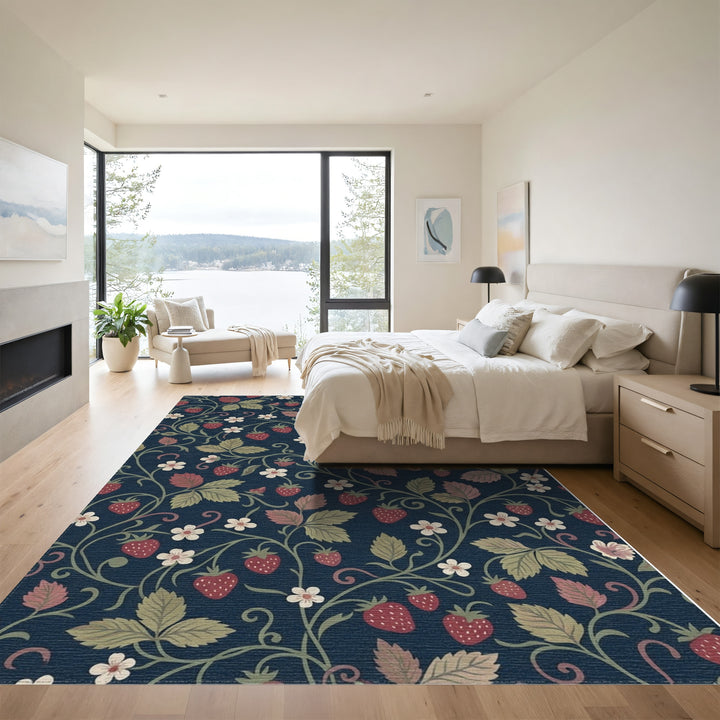 Navy Strawberry Vine Floral Rug