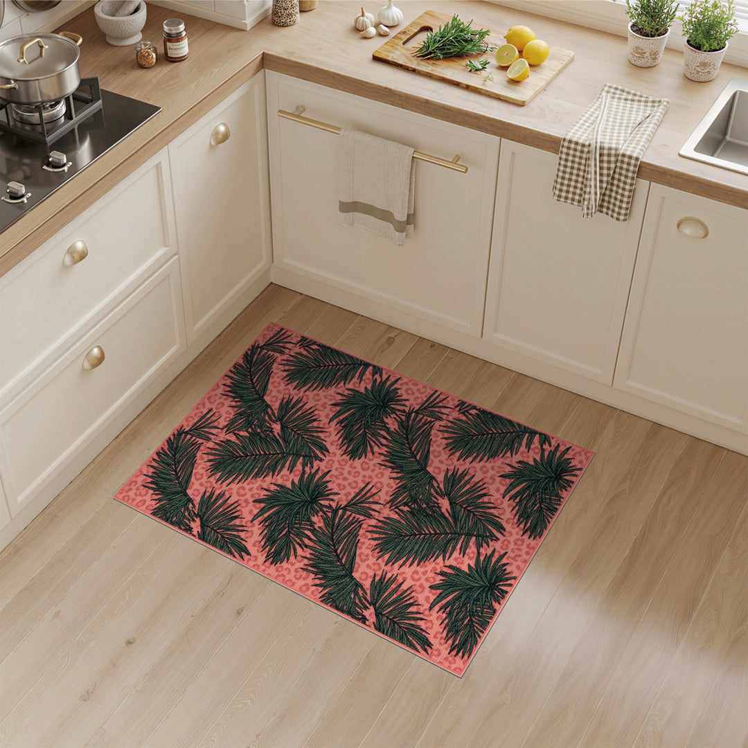 Pink Palm Leaf Leopard Area Rug