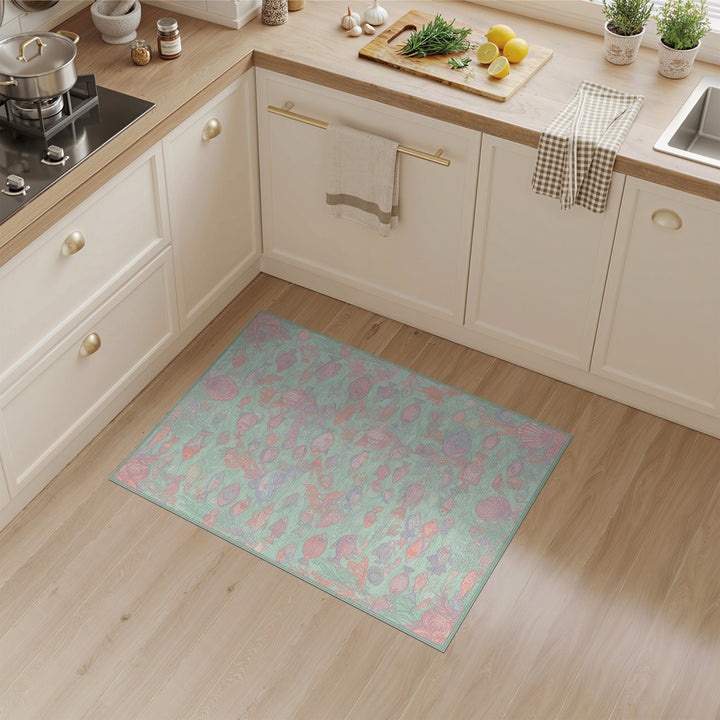 Blue and Teal Ocean Fish Coral Washable Area Rug