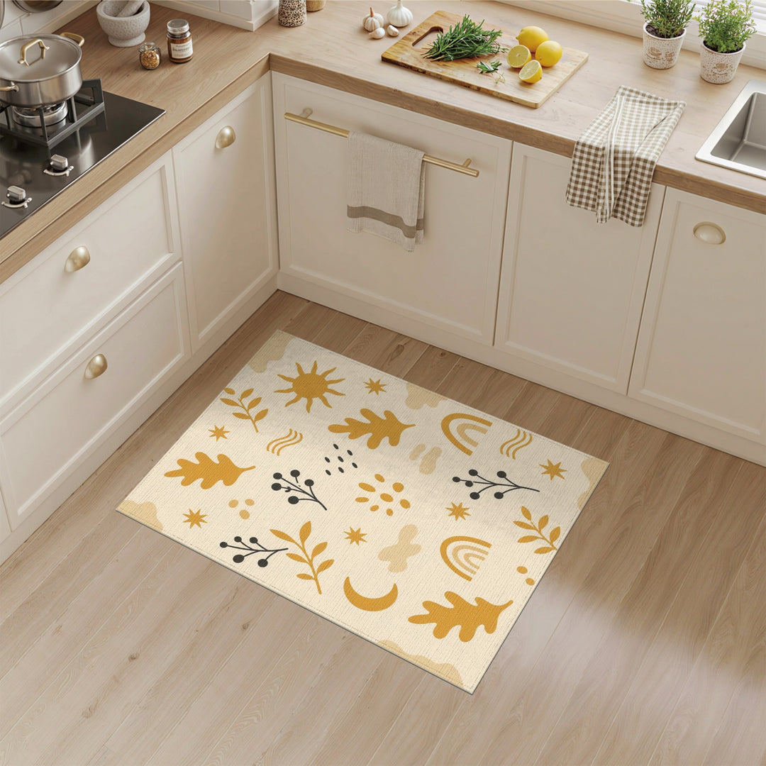 Beige Boho Chic Washable Area Rug with Sun Moon Leaves