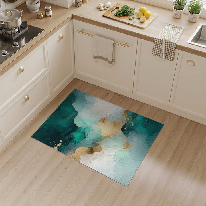 Teal and Gold Abstract Wave Area Rug