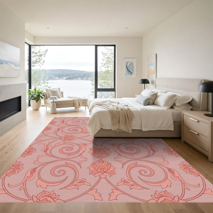 Rose Pink Floral Vines Swirl Rug