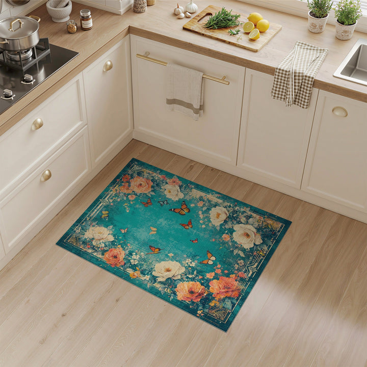 Distressed Teal Floral Vintage Area Rug with Butterflies