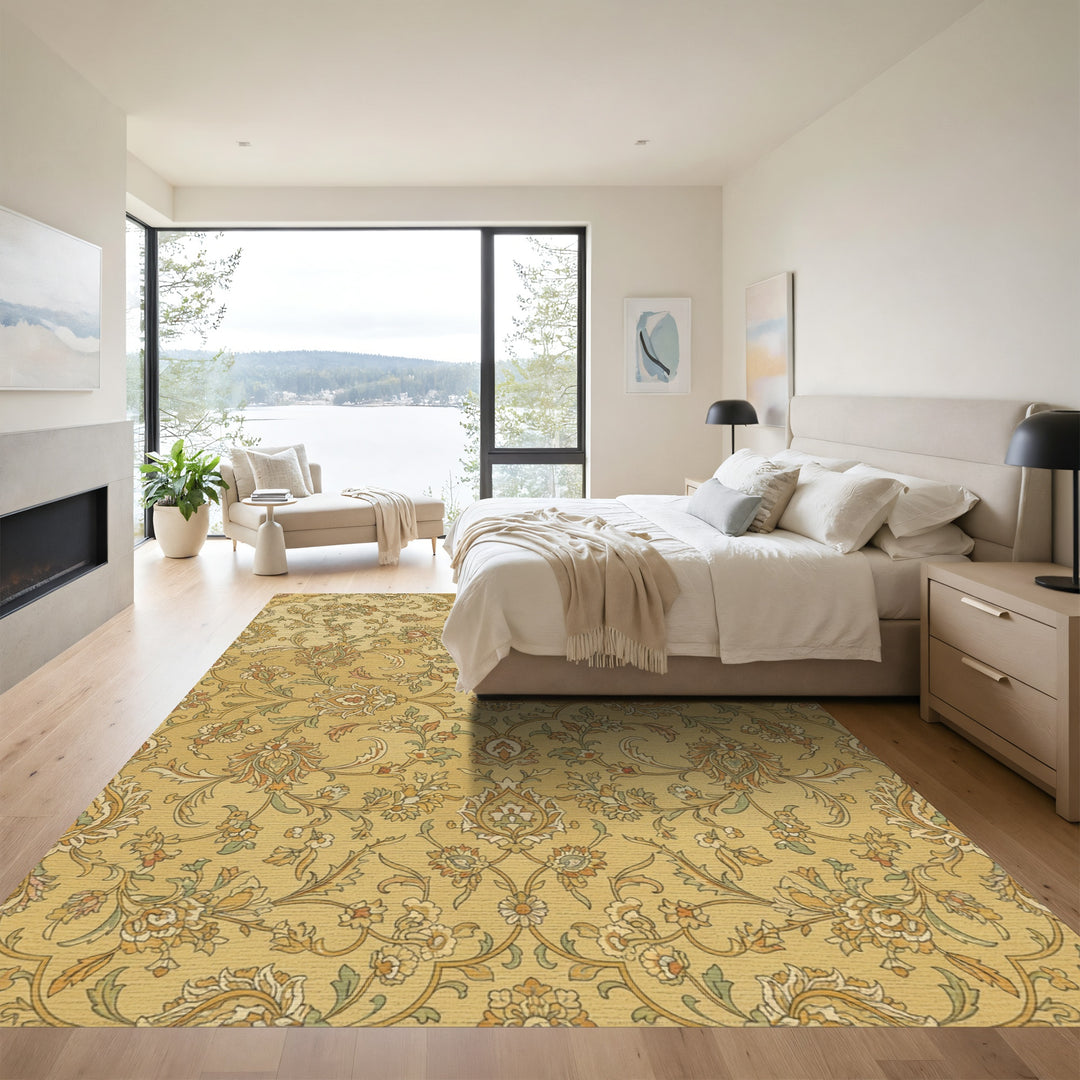 Golden Floral Medallion Scroll Work Rug
