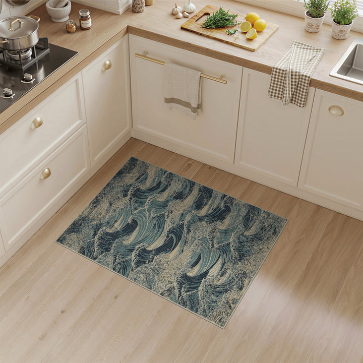 Blue Teal Wave Distressed Vintage Area Rug
