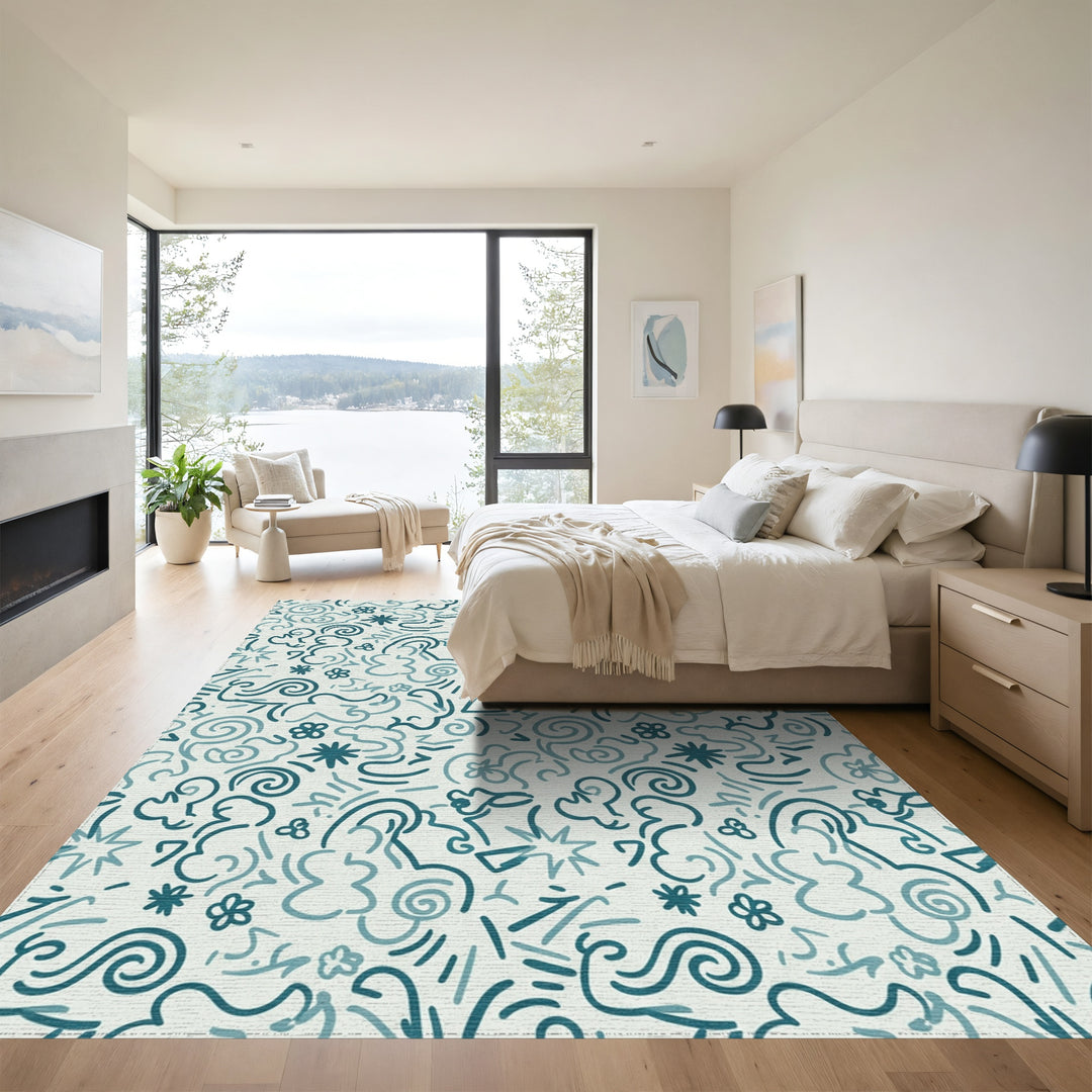 Teal Swirls and Stars Abstract Rug