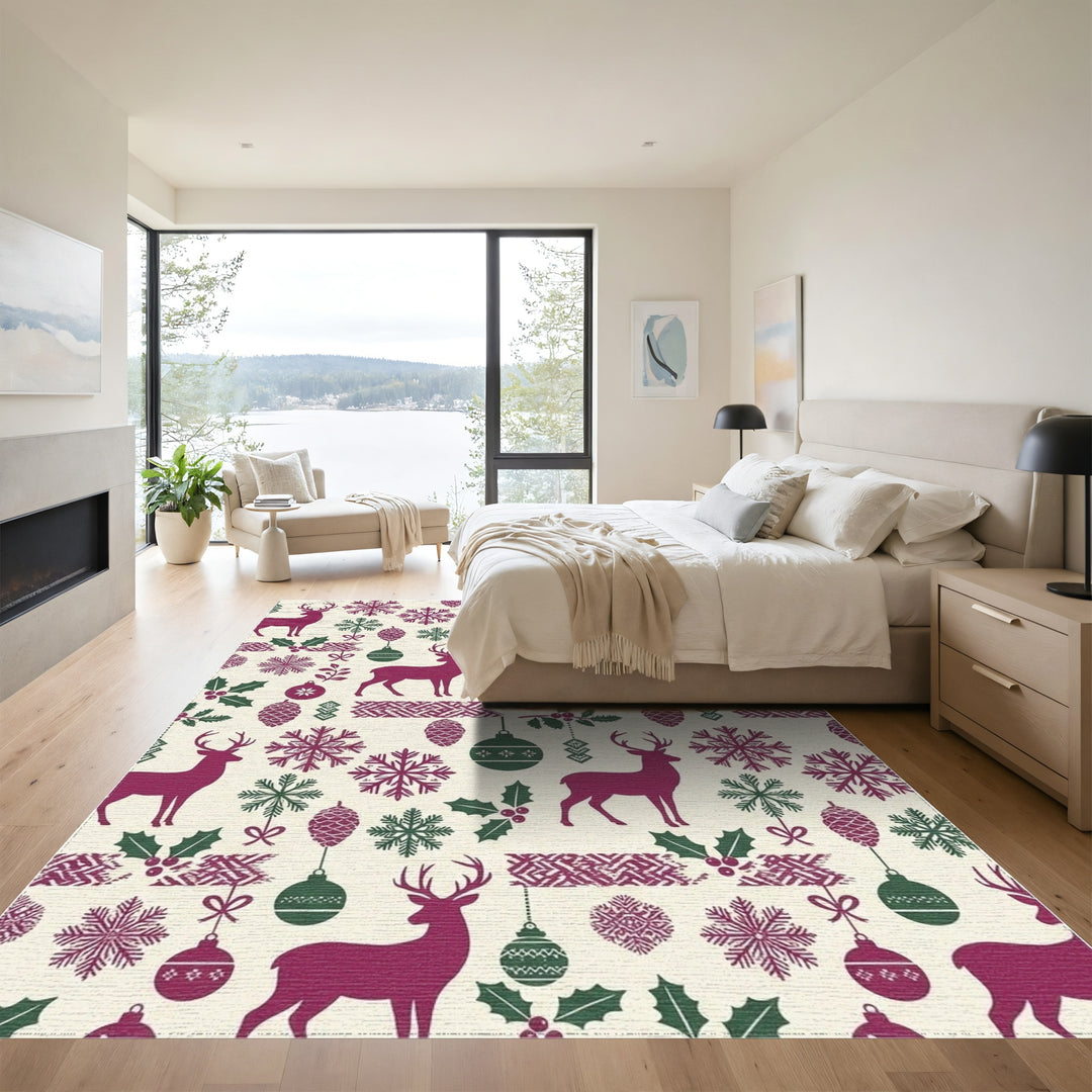 Deep Berry Reindeer Snowflake Holiday Accents Rug