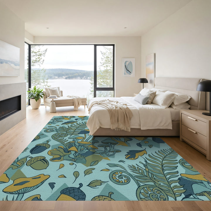 Forest Mushrooms Fern Acorns Teal Yellow Rug