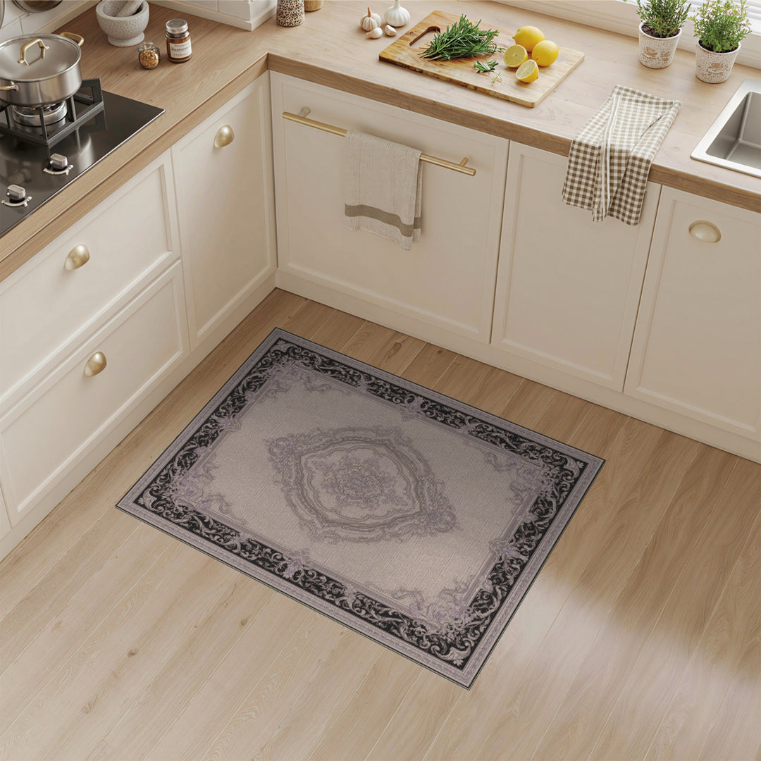 Ornate Floral Medallion Black Border Area Rug