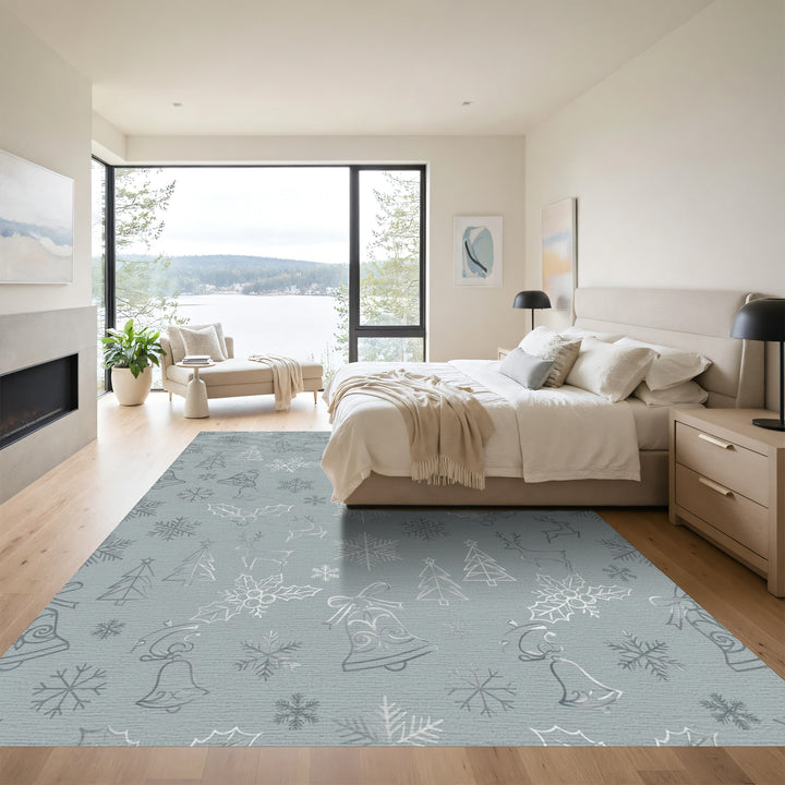 Silver Christmas Icons Snowflakes Reindeer Bells Rug