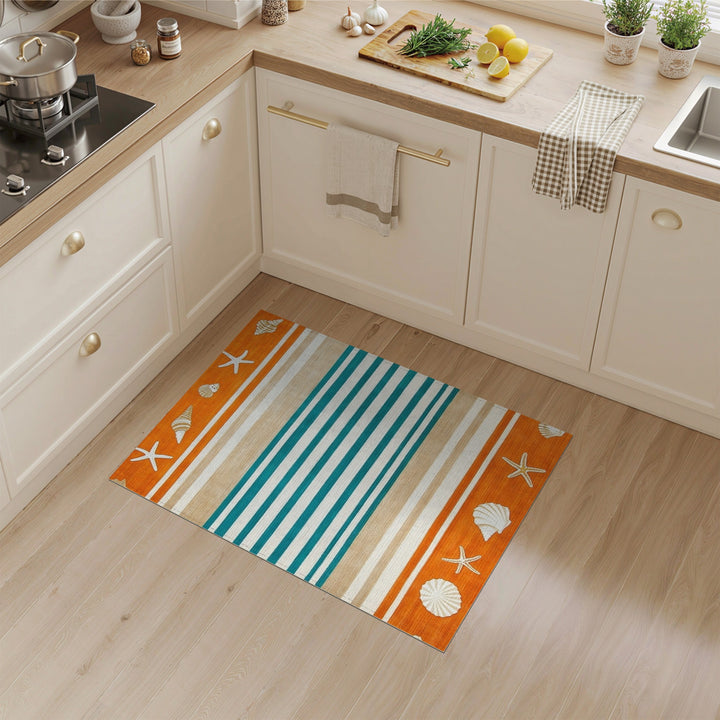 Teal Striped Coastal Seashell Area Rug