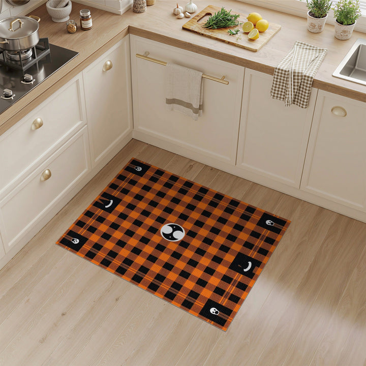 Orange Black Plaid Halloween Ghost Area Rug
